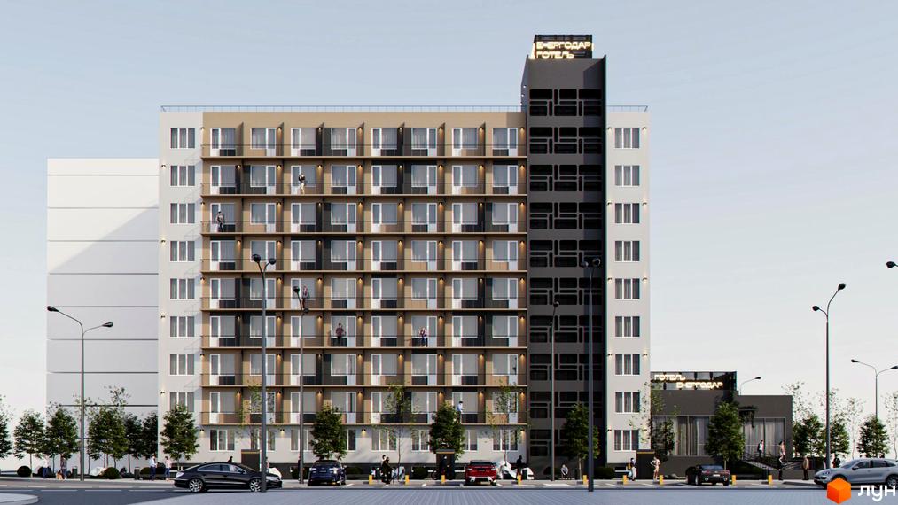 Апарт-комплекс Енергодар - це сучасна новобудова з балконами та великими вікнами, розташована біля дороги з деревами та ліхтарями.