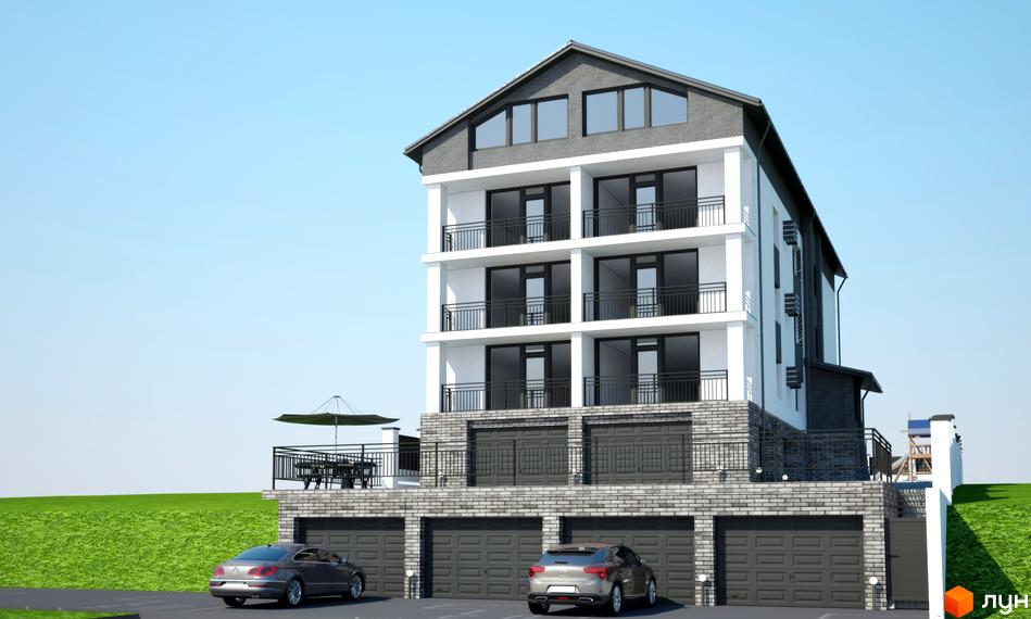 Зображення фасаду клубного будинку на Автокразівському бульварі з балконами, гаражами та автомобілями на території. Вид на житловий комплекс.