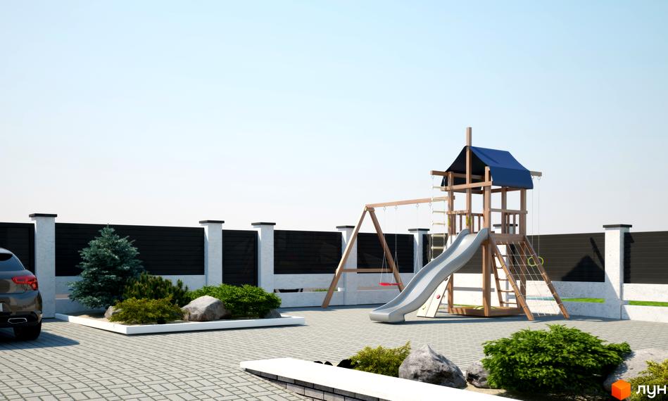 Дитячий майданчик на території Клубний будинок на Автокразівському бульварі з гіркою, гойдалками та зеленою зоною.