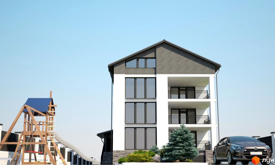 Триповерховий будинок з балконами та великими вікнами. На території дитячий майданчик та автомобіль.