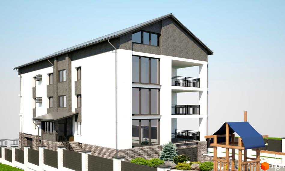 Зображення житлового комплексу. Триповерховий будинок з балконами та великими вікнами. На прибудинковій території дитячий майданчик та зелені насадження.