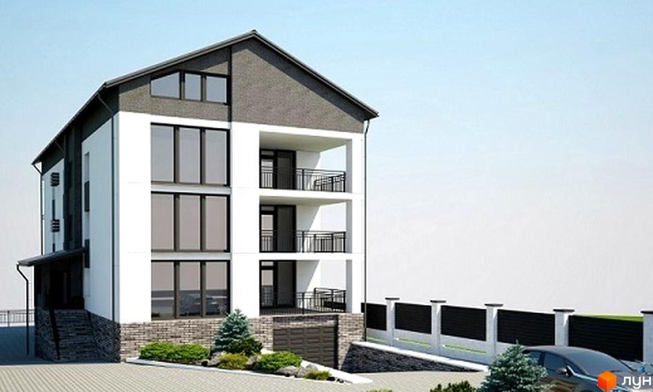 Триповерховий будинок з білими стінами та темним дахом. На території є зелені насадження, паркан та місце для паркування.