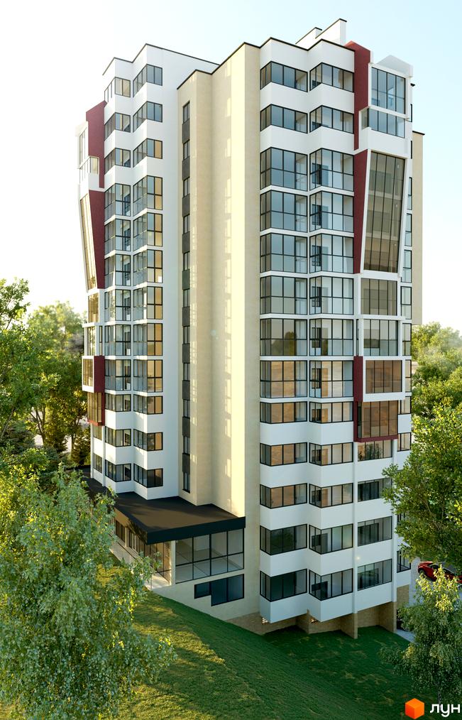 Житловий комплекс Магнолія: багатоповерховий будинок з білим фасадом, великими вікнами та червоними акцентами, оточений зеленою травою та деревами.