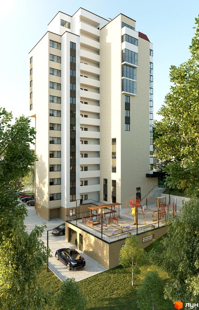 Житловий комплекс Магнолія з дитячим майданчиком та парковкою. Зовнішній вигляд новобудови з балконами та вікнами.