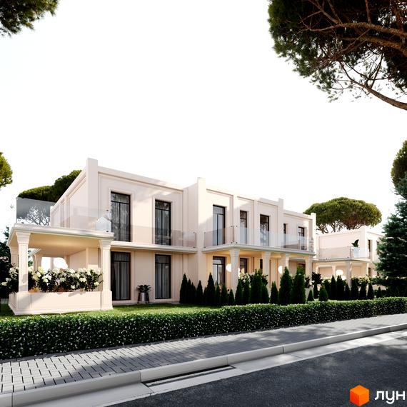 Вишуканий котеджний комплекс Vita Village з архітектурою в світлих тонах. Доглянута прибудинкова територія з зеленими насадженнями та бруківкою.