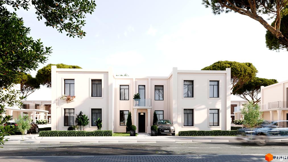 Фасад будинку житлового комплексу КМ Vita Village з великими вікнами та рослинами на подвір'ї. На передньому плані дорога з автомобілем.