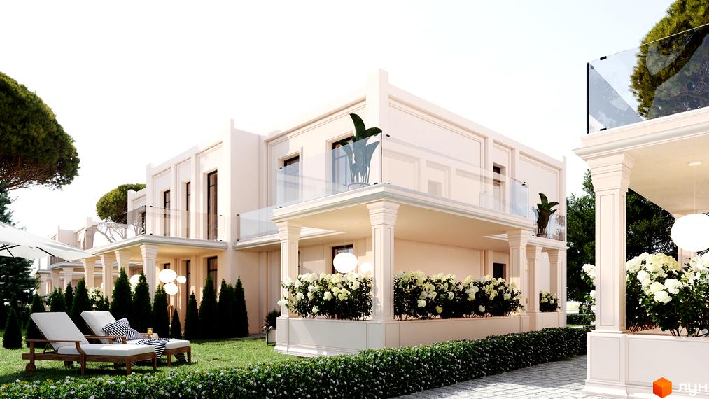 Фасад двоповерхового будинку з балконом та колонами, газон з шезлонгами та декоративними рослинами. КМ Vita Village - місце для комфортного життя.