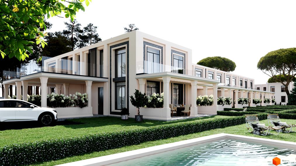 Візуалізація КМ Vita Village: двоповерхові будинки з колонами та скляними балконами, доглянута прибудинкова територія з басейном та газоном.