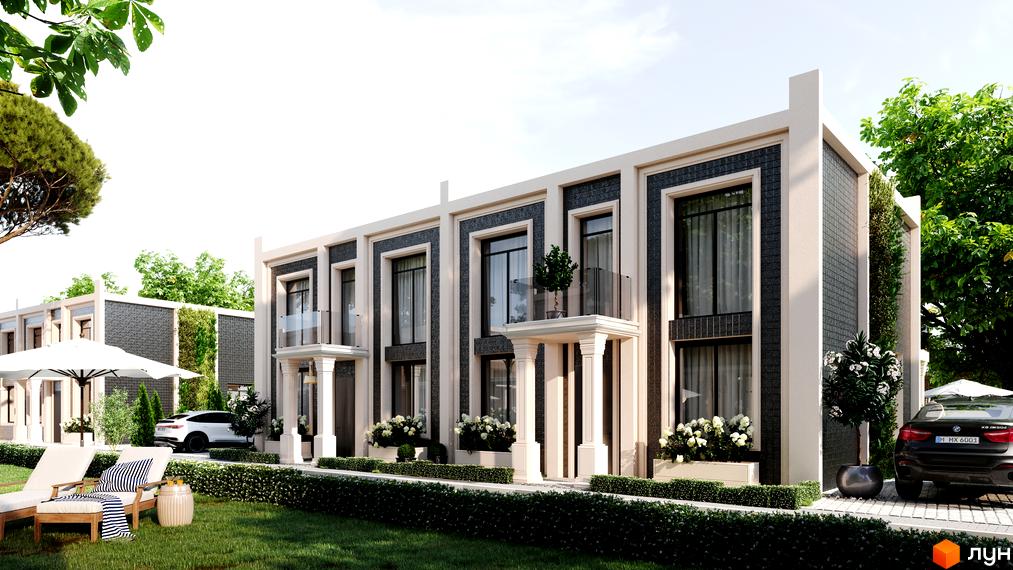 Зображення фасаду будинку в Котеджному містечку Vita Village з великими вікнами, балконами та доглянутою прибудинковою територією з газоном та рослинами.