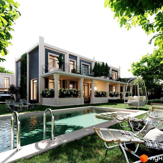 Зображення сторінки житлового комплексу КМ Vita Village. Двоповерховий будинок з басейном та зоною відпочинку на прибудинковій території.