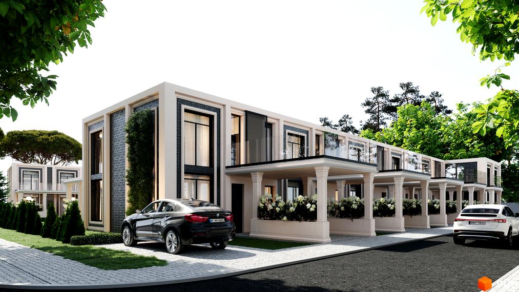 Фасад будинку житлового комплексу КМ Vita Village з великими вікнами та колонами. На прибудинковій території газон та дорога з автомобілями.