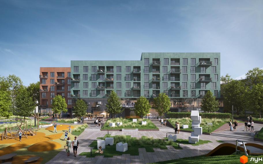 Житловий комплекс Cinematic з фасадами цегляного та мідного кольорів, балконами та великими вікнами. Прибудинкова територія з дитячим майданчиком та зонами відпочинку.