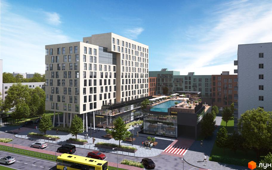 Житловий комплекс Cinematic - це багатоповерхові будинки з великою кількістю вікон та басейном на даху. Територія комплексу озеленена деревами та має зони відпочинку.