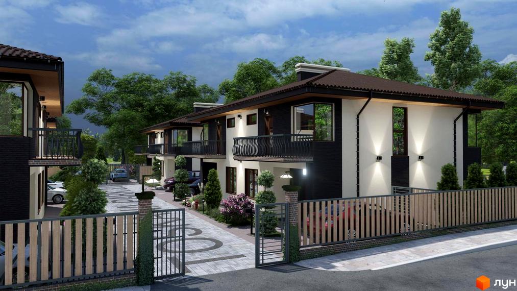 Зображення фасаду будинку житлового комплексу Toscana Park 3.0 з балконами, терасою та парканом. На подвір'ї викладена плитка та є зелені насадження.