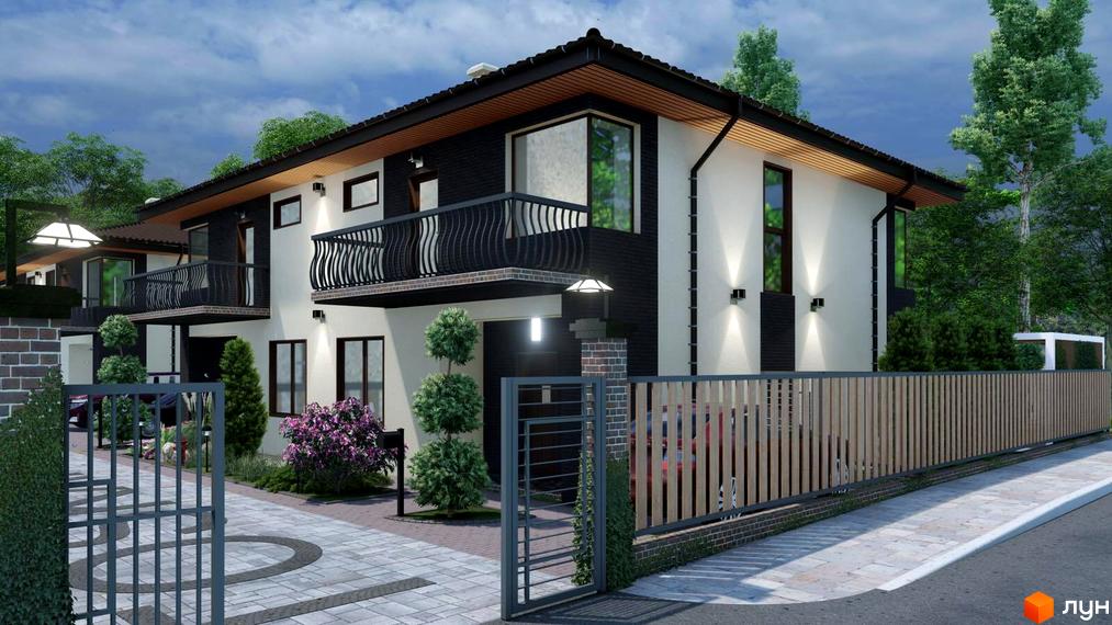 Зображення фасаду дуплексу в житловому комплексі Toscana Park 3.0. Будинок з білими стінами, чорними елементами та балконами. На території є паркан та зелені насадження.