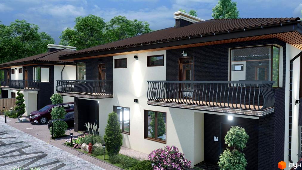 Зображення житлового комплексу Toscana Park 3.0 з білими фасадами, чорним дахом та балконами. На прибудинковій території є зелені насадження та парковка.