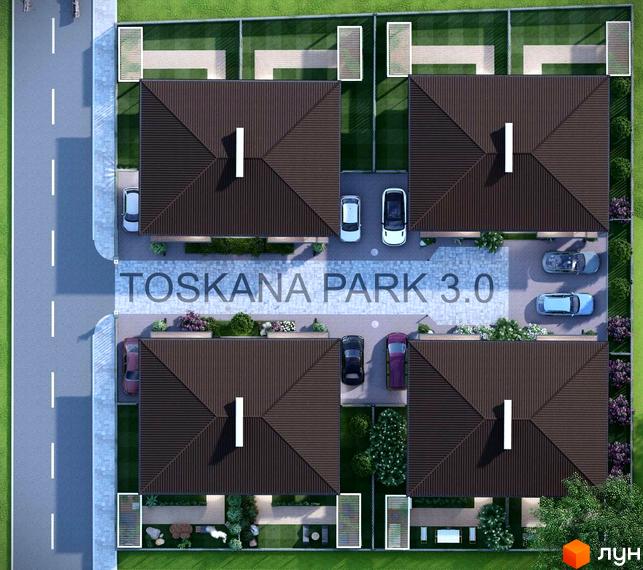 Вигляд дуплексів Toscana Park 3.0 з висоти пташиного польоту. Кожен будинок має паркомісця та невелику прибудинкову територію з ландшафтним дизайном.