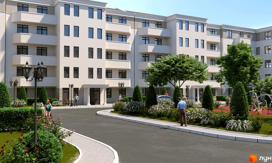 Світлий фасад Житлового комплексу Меридіан доповнює озеленена прибудинкова територія з деревами, кущами, квітами та дитячим майданчиком.