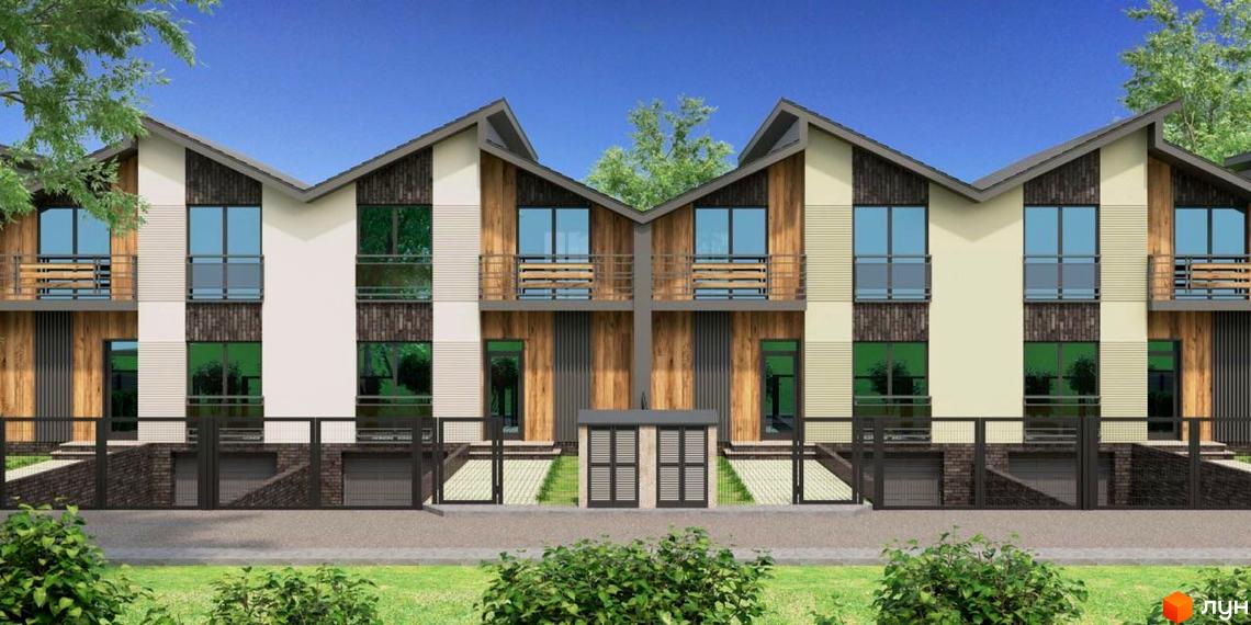 Таунхауси Noble House. Фасад будівельного проєкту з дерев'яними елементами, великими вікнами та балконами. Прибудинкова територія з газоном та огорожею.