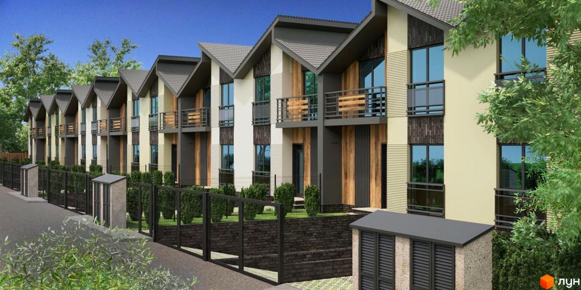 Таунхауси Noble House - це низка двоповерхових будинків з сірими дахами, великими вікнами та дерев'яними елементами. Перед будинками розташований огороджений двір з кущами та доріжкою.