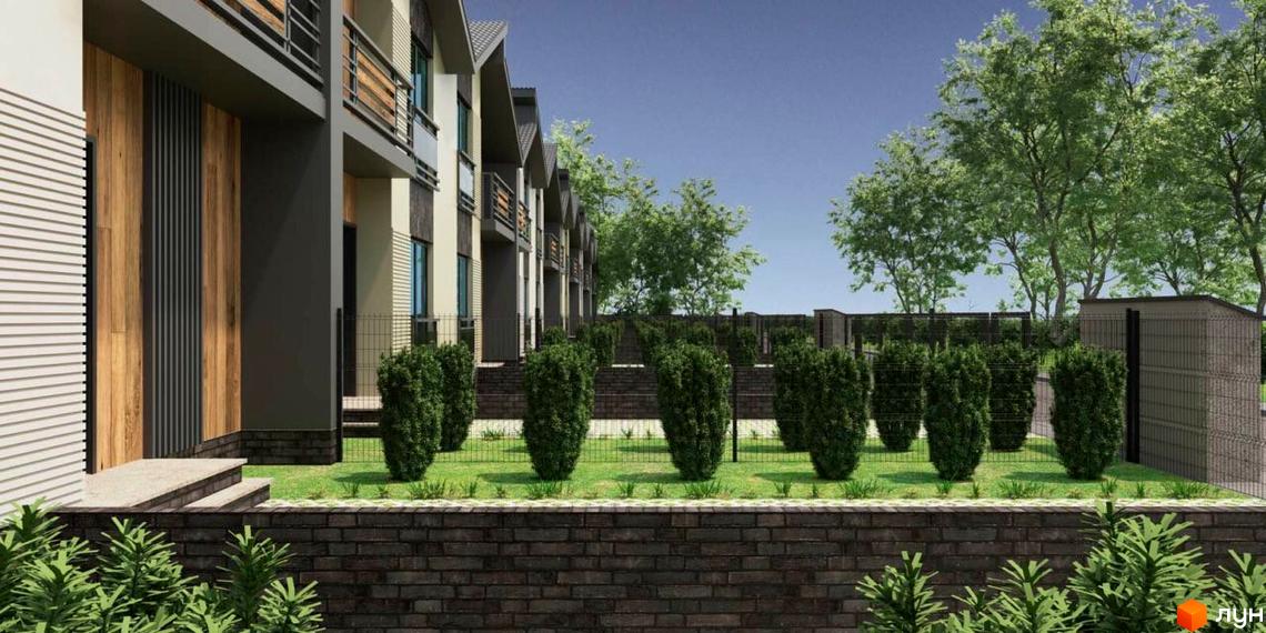 Зовнішній вигляд таунхаусів Noble House з дерев'яними та сірими елементами фасаду, зеленою прибудинковою територією та парканом.