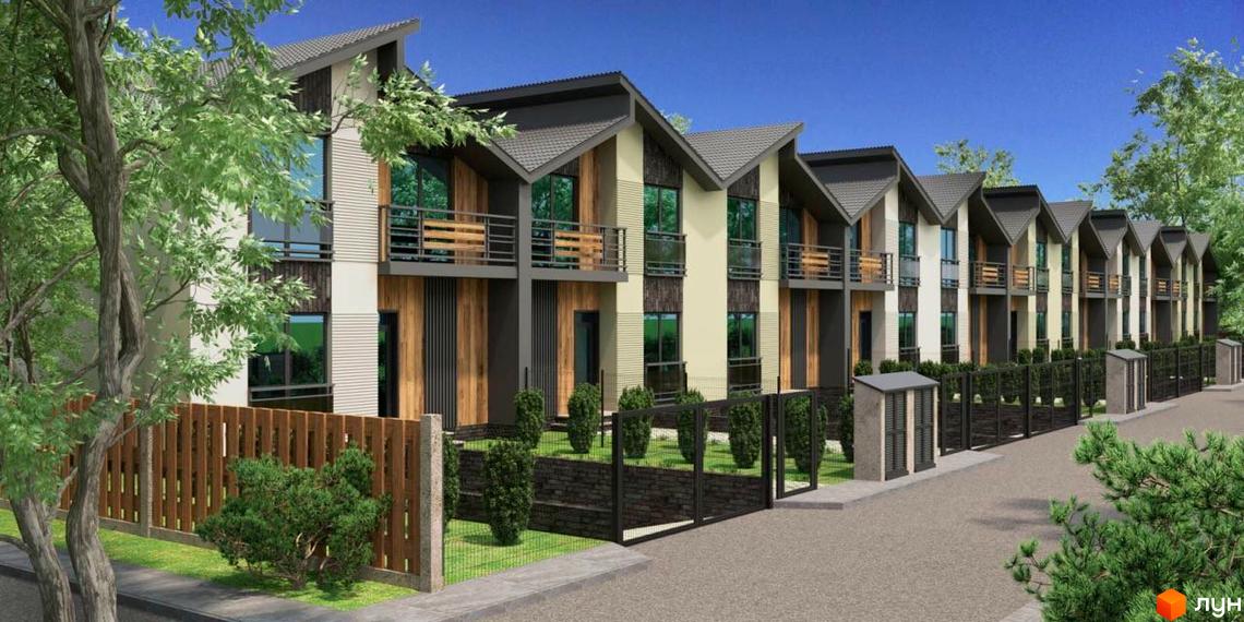 Ряд таунхаусів Noble House з похилими дахами, фасадами світлих та темних відтінків, дерев'яними елементами та балконами. Прибудинкова територія має зелені насадження та огорожу.