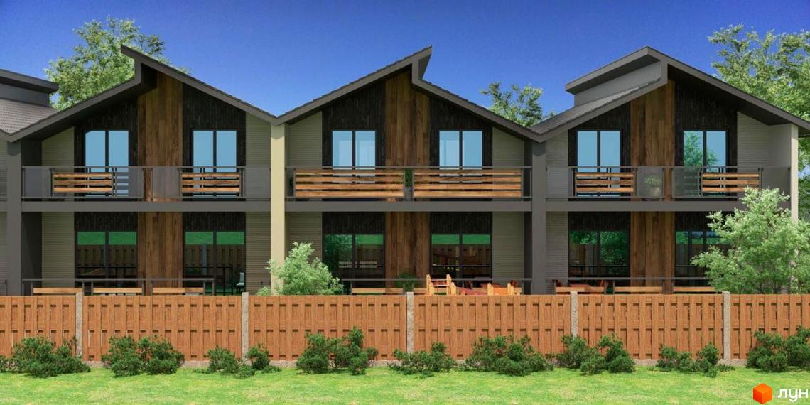 Таунхауси Noble House з дерев'яними фасадами та балконами, огороджені дерев'яним парканом з кущами та зеленою галявиною.