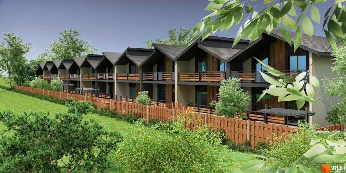 Таунхауси Noble House з дерев'яними фасадами та балконами, оточені зеленим ландшафтом з парканом.