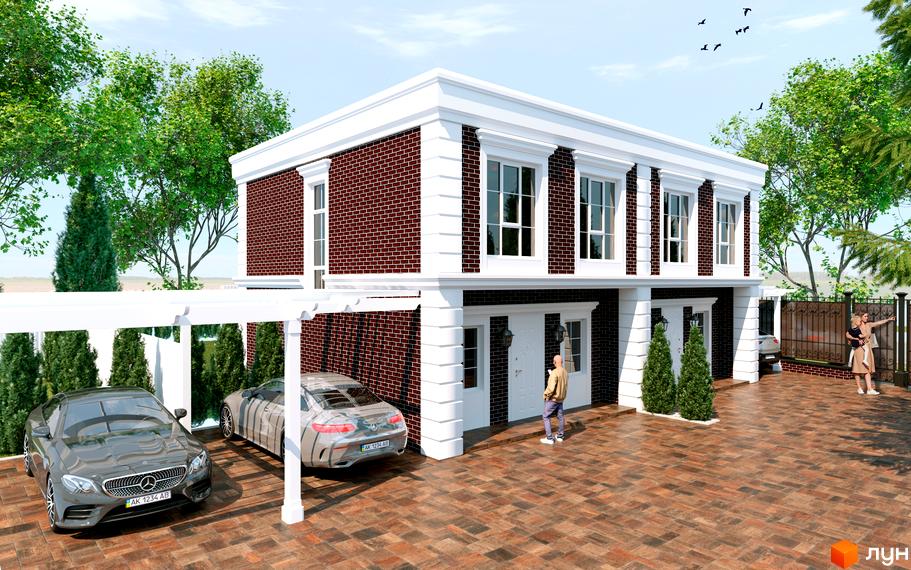 Feofaniya Home - це сучасний житловий комплекс з цегляними фасадами та просторою прибудинковою територією, де розташовані автомобілі та зелені насадження.