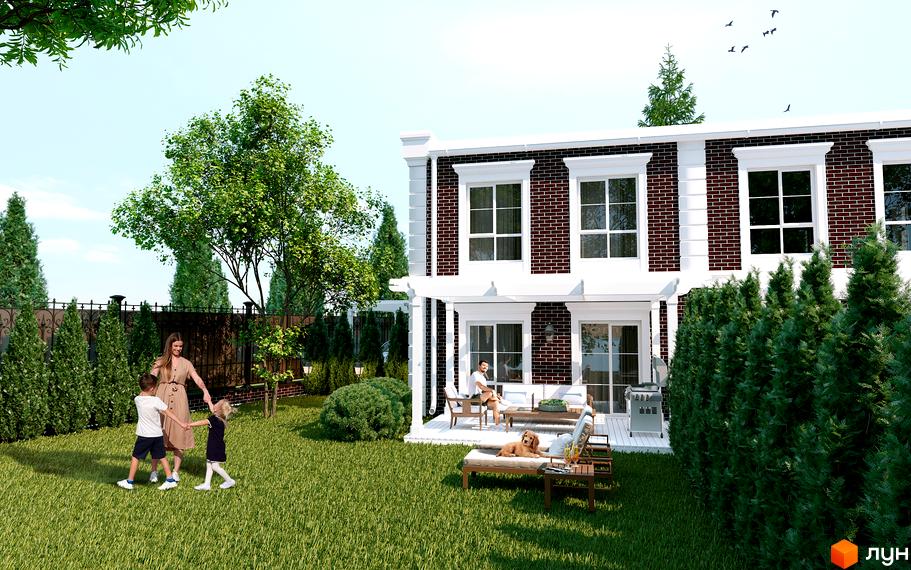 Таунхауси Feofaniya Home. Цегляні двоповерхові будинки з білими вікнами та колонами. Зелений двір з деревами, газоном та зоною відпочинку.