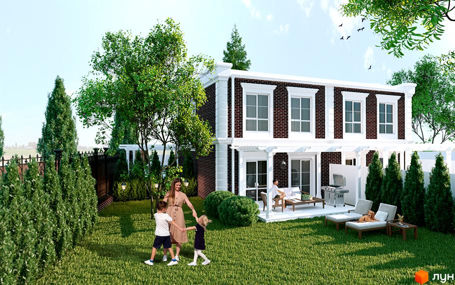 Feofaniya Home - двоповерхові таунхауси з цегляним фасадом та білими колонами, зелений двір з дітьми та батьками, зона відпочинку з шезлонгами.
