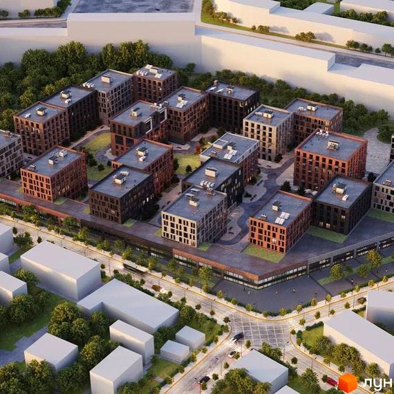 Вид на ЖК Єкатеринославське Депо. Цегляні будинки з плоскими дахами та великими вікнами, розташовані серед зелених насаджень та доріг.