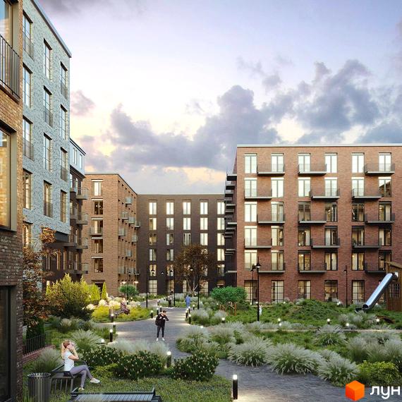 Зображення сторінки ЖК Єкатеринославське Депо. Цегляні будинки з балконами, доглянута прибудинкова територія з рослинами, доріжками та освітленням.