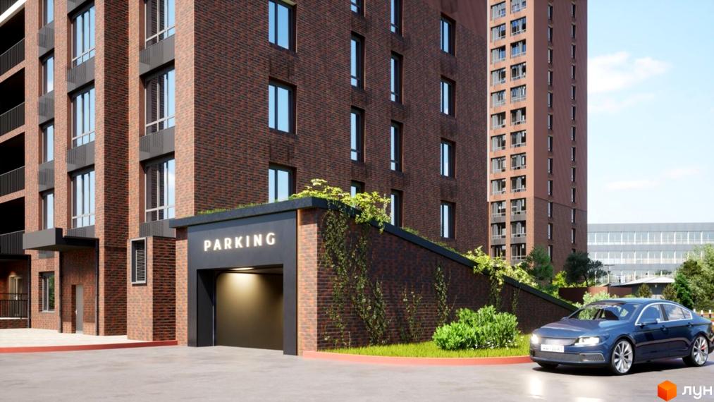 Новобудова ЖК Технопарк з цегляним фасадом та підземним паркінгом. Прибудинкова територія з автомобілем та зеленими насадженнями.