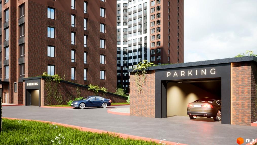 Житловий комплекс Технопарк: багатоповерхові будинки з темно-цегляними фасадами та в'їзди до паркінгу з автомобілями на прибудинковій території.