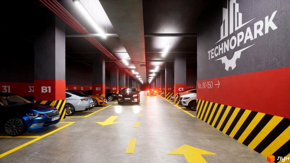 Підземний паркінг житлового комплексу Технопарк з позначеними місцями та напрямками руху. Сучасний паркінг з яскравим освітленням та зручною навігацією.