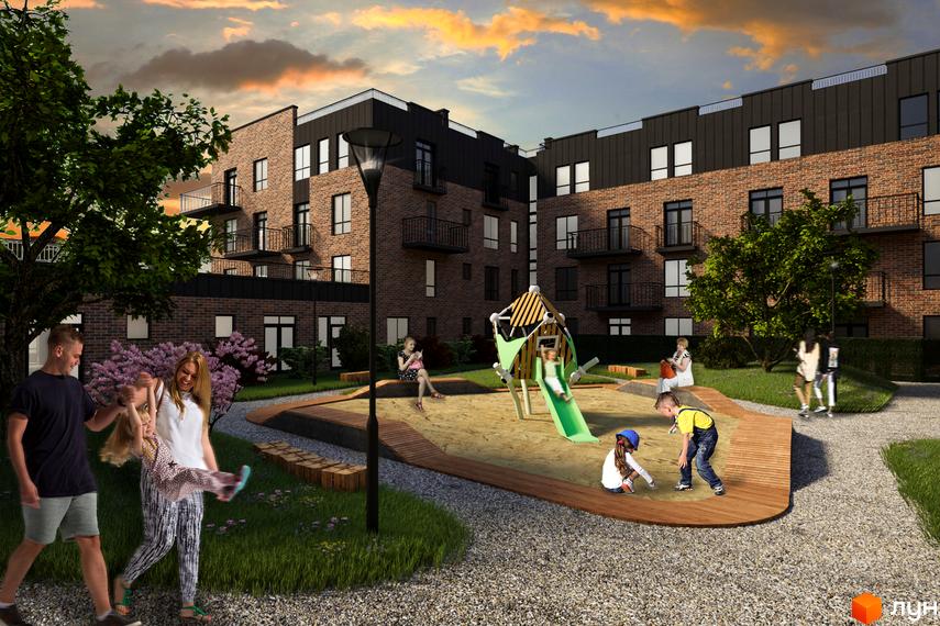 Житловий комплекс Клубне містечко 12 з цегляним фасадом та дитячим майданчиком з пісочницею та гіркою. На території комплексу зелені насадження та місця для відпочинку.