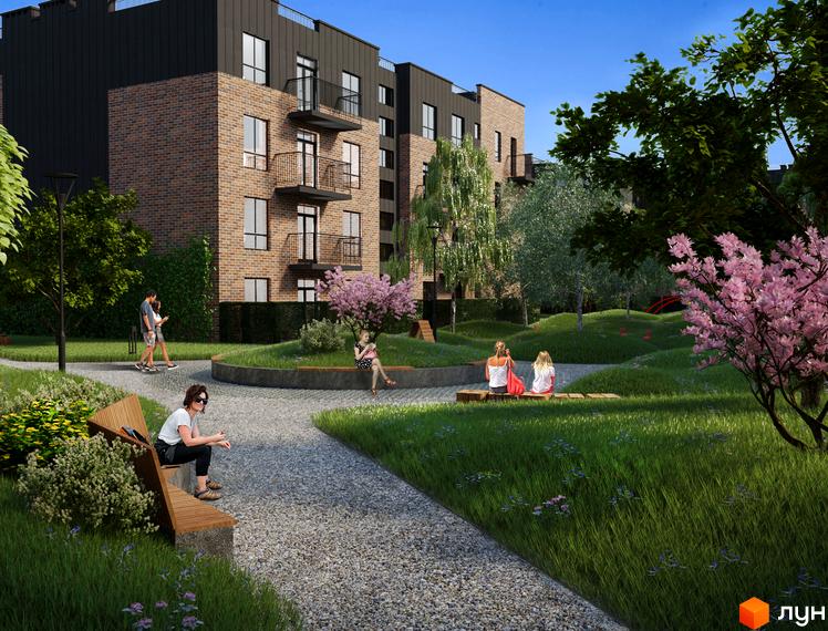 Зовнішній вигляд клубного містечка 12 з цегляним фасадом та балконами, зелена прибудинкова територія з місцями для відпочинку.