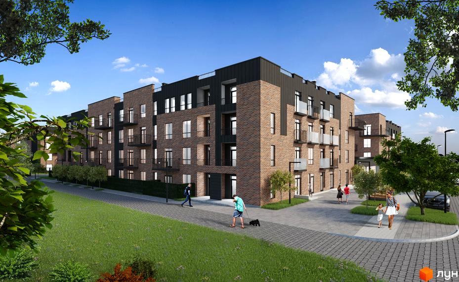 Зовнішній вигляд клубного містечка 12 з цегляним фасадом та балконами. На прибудинковій території розташовані зелені насадження та доріжки для прогулянок.