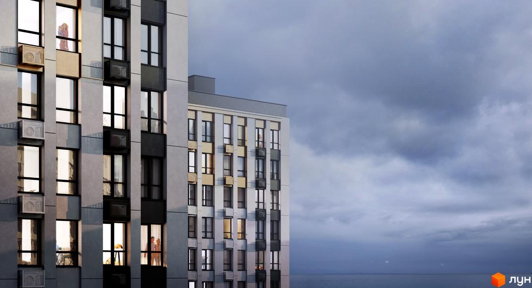 Апарт-комплекс „Морська резиденція“ – це багатоповерховий будинок з панорамними вікнами та балконами, що виходить на море.