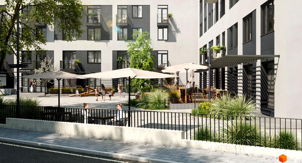 Апарт-комплекс „Морська резиденція“ з сірими та білими фасадами та прибудинковою територією з парасольками та зонами відпочинку. Огляд новобудови.