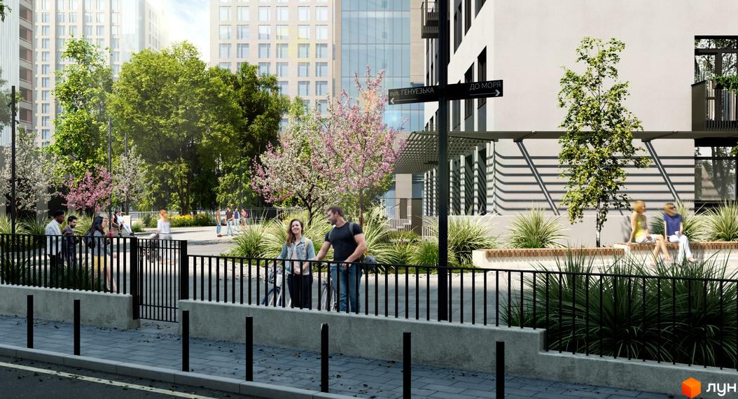 Апарт-комплекс „Морська резиденція“ з охайним парком та людьми, що відпочивають на лавках.