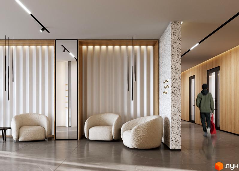 Апарт-комплекс „Морська резиденція“: хол з двома кріслами та дзеркалом, людина йде коридором з дерев'яними панелями.