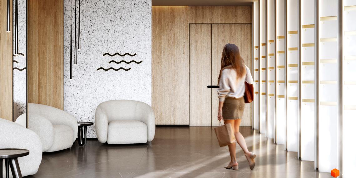 Апарт-комплекс „Морська резиденція“: сучасний хол з дизайнерськими меблями та дверима. Відкрийте для себе комфортне життя у новобудові біля моря.