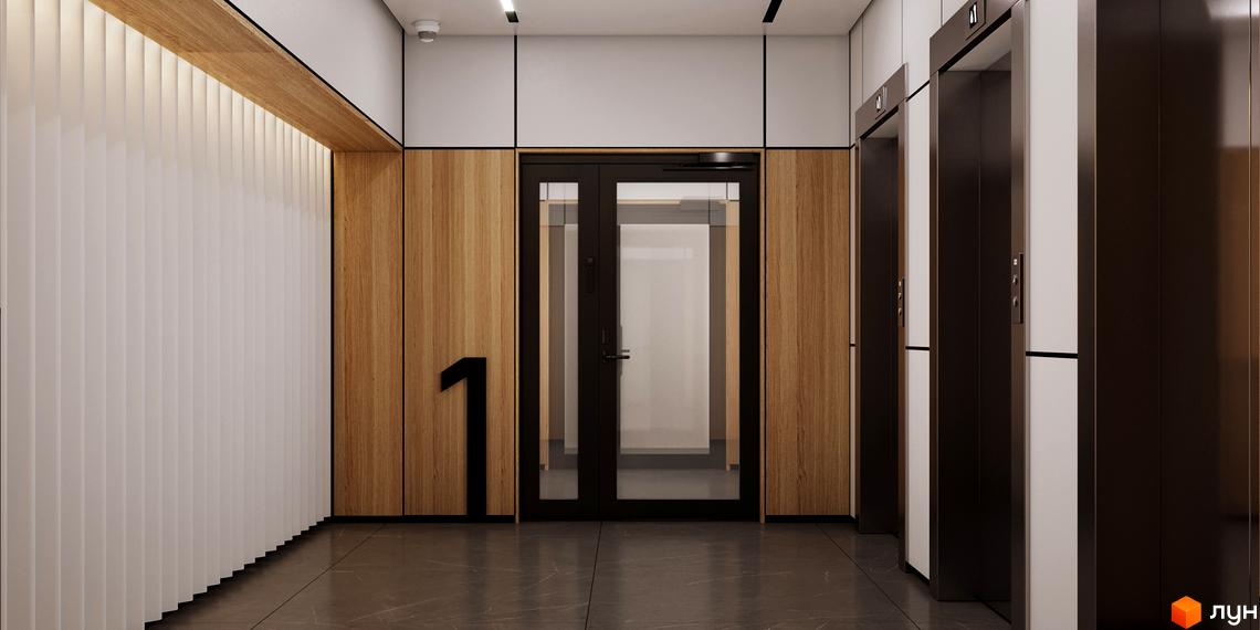 Апарт-комплекс „Морська резиденція“: сучасний дизайн входу з дерев'яними панелями, дверима та ліфтами. Біля входу розташована велика цифра 1.