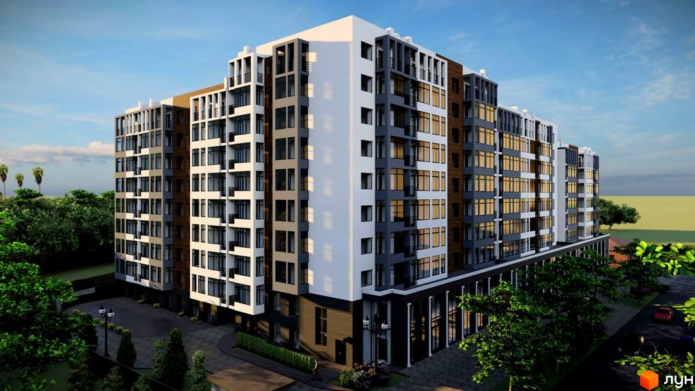 Багатоповерхова новобудова ЖК Dream City з фасадом у світлих тонах. На прибудинковій території зелені насадження та дерева.