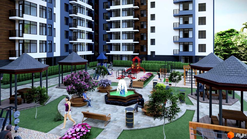 Житловий комплекс Dream City з сучасним дизайном фасадів. На території комплексу розташовані зони відпочинку, дитячий майданчик та зелені насадження.