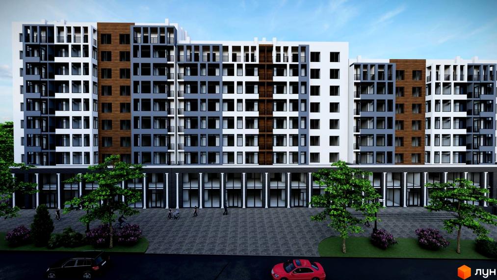 Багатосекційний будинок ЖК Dream City з фасадом у світлих тонах, коричневими вставками та великими вікнами. На території є дерева, тротуар та припарковані автомобілі.