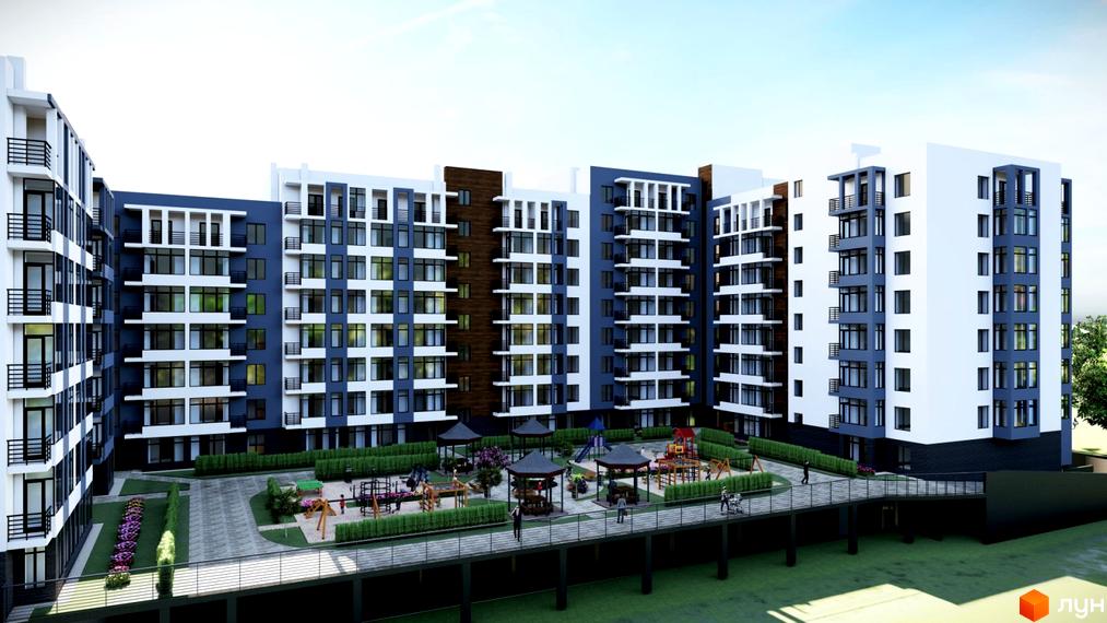 Багатоповерховий будинок ЖК Dream City з фасадом у білих та синіх кольорах. На території комплексу є дитячий майданчик та зелені насадження.