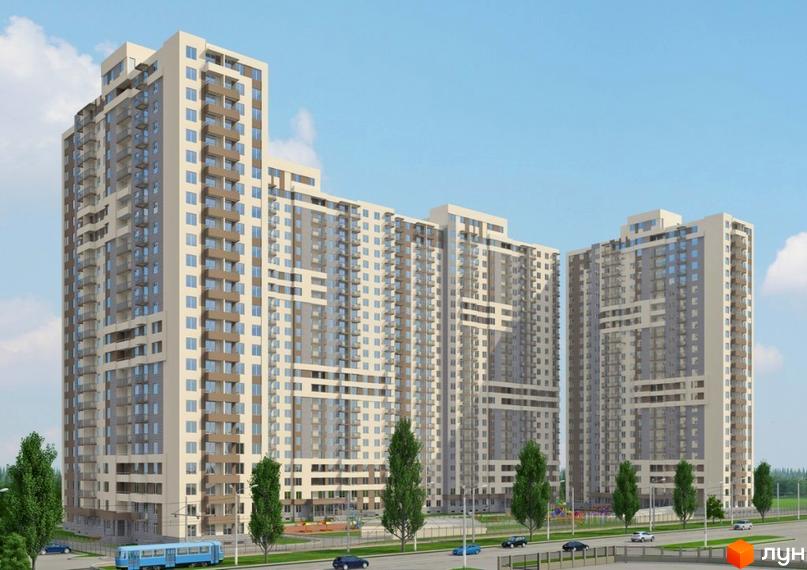 Житловий комплекс Альтаїр 2 - це сучасна новобудова з високими корпусами та балконами. Навколо комплексу розташовані дерева, дороги та дитячий майданчик.